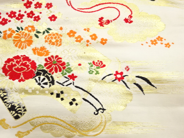 JAPANESE KIMONO / ANTIQUE NAGOYA OBI / WOVEN CLOUD & FLOWER